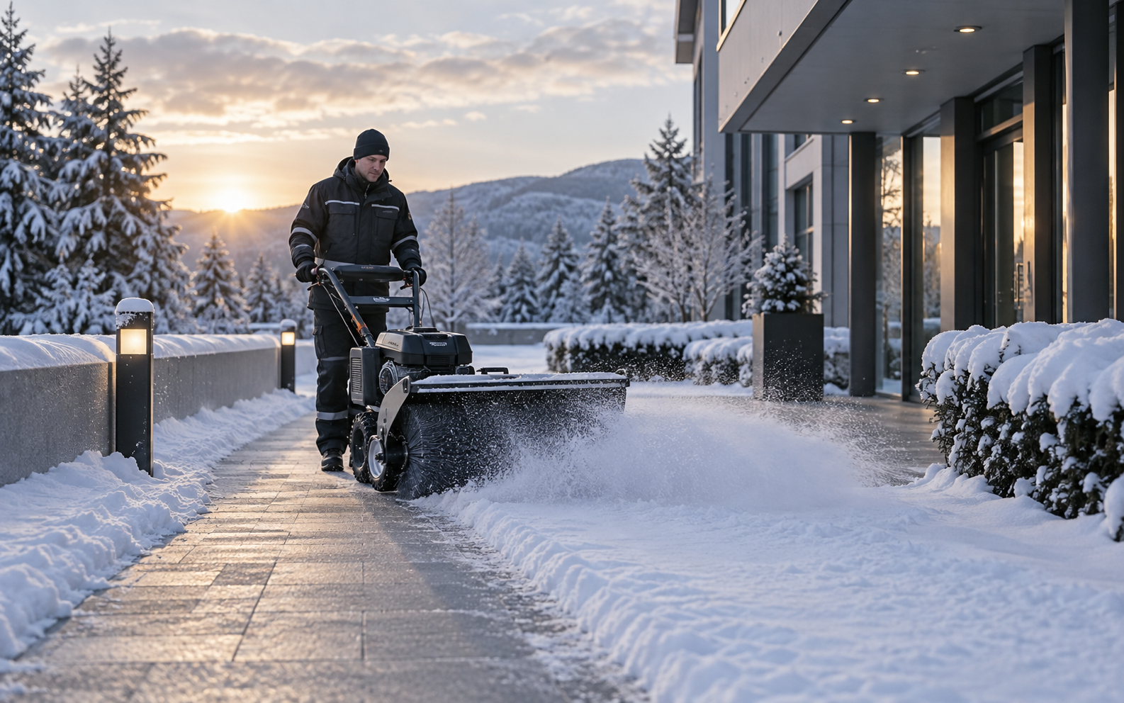 Winterdienst mit geräumtem Weg und Schneefräse